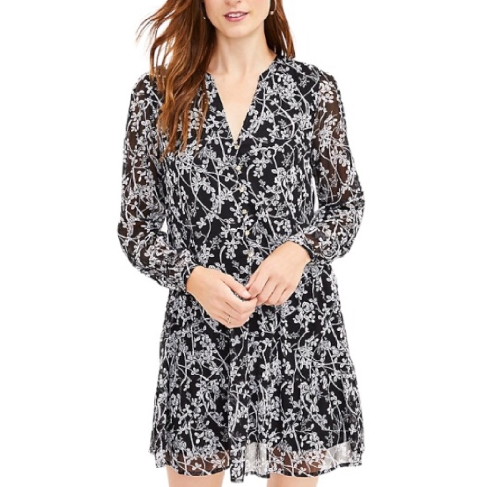 Loft Vine Drop Waist Split Neckline Button Front Black Gray Lined Shirtdress M